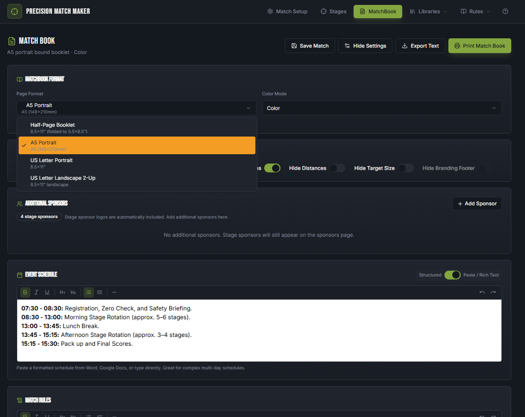 Matchmaker Export Form PRS Stage Design Features | Precision Match Maker